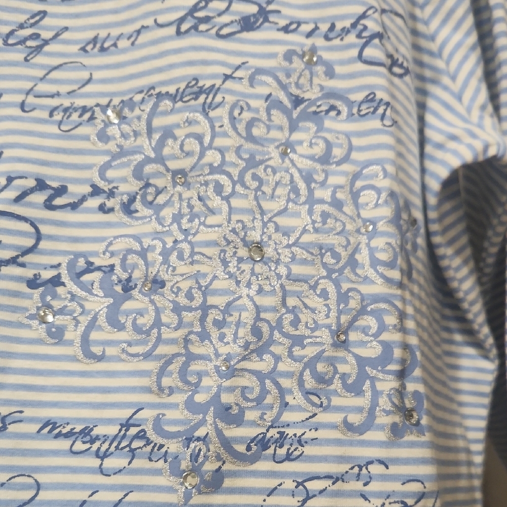 Ruby Rd. Blue and White Script Long Sleeve Top - Picture 3 of 9